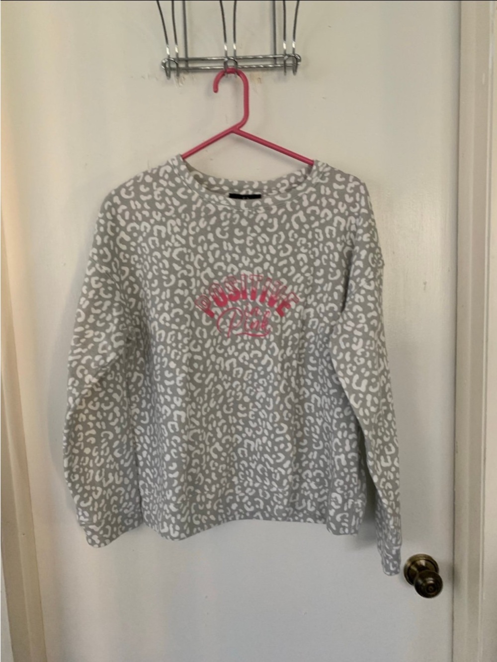 Gray Leopard Print Crewneck Sweater with Pink Logo